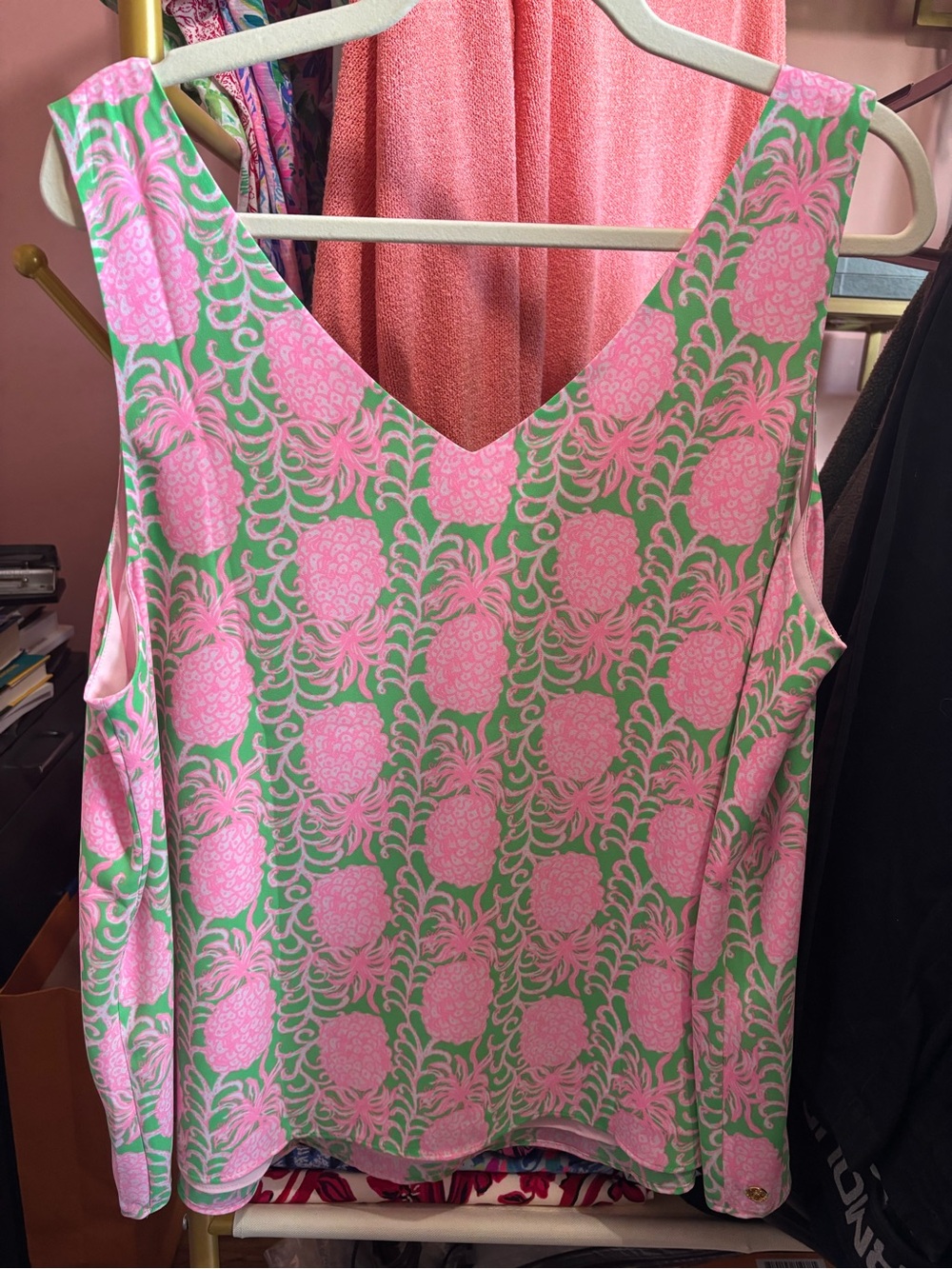 Lilly Pulitzer Pink Pineapple Print V-Neck Tank Top on Green